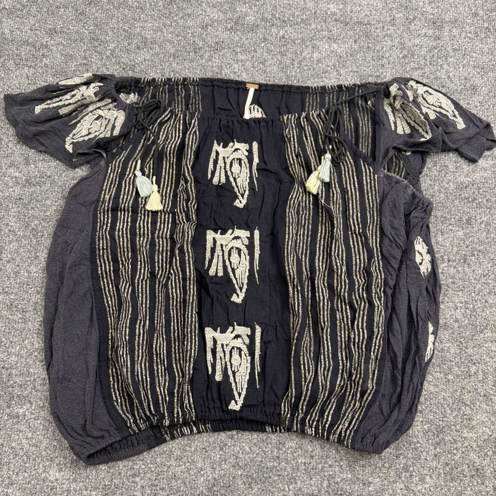 Free People XS Boho Pullover Top Black Embroidered Gathered Tie Neck